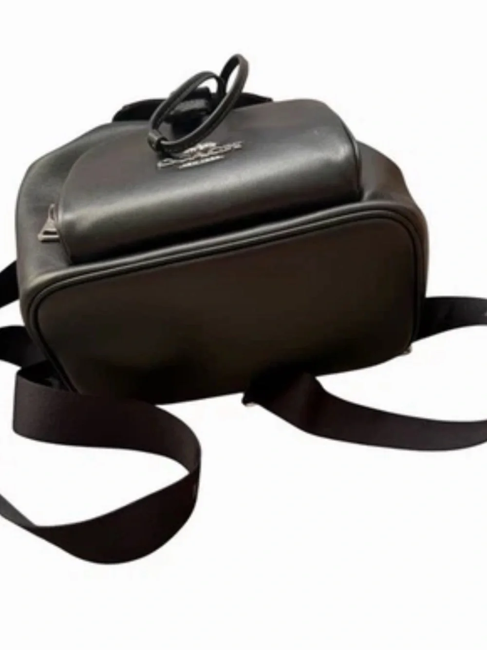 Coach Black Leather Drawstring Backpack with Front Zip Compartment